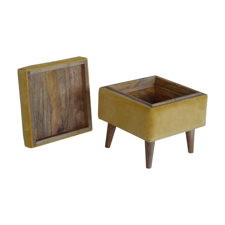 Velvet Storage Footstool - Solid Mango Wood Accent Stool for Living Room - product view 8 showing handcrafted solid mango...