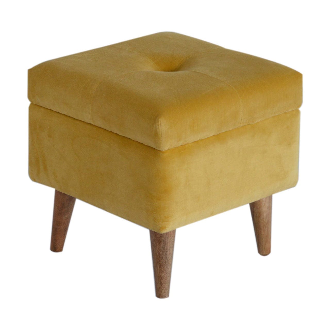 Velvet Storage Footstool - Solid Mango Wood Accent Stool for Living Room - product view 3 showing handcrafted solid mango...