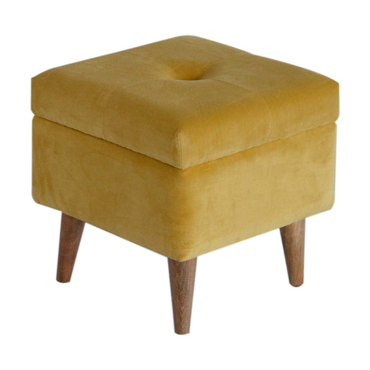 Velvet Storage Footstool - Solid Mango Wood Accent Stool for Living Room - product view 3 showing handcrafted solid mango...