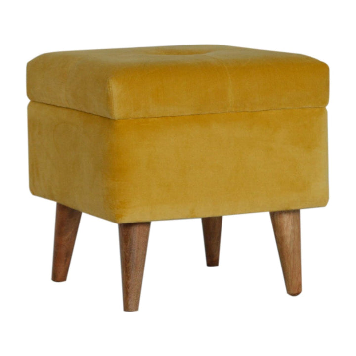 Velvet Storage Footstool - Solid Mango Wood Accent Stool for Living Room - product view 2 showing handcrafted solid mango...