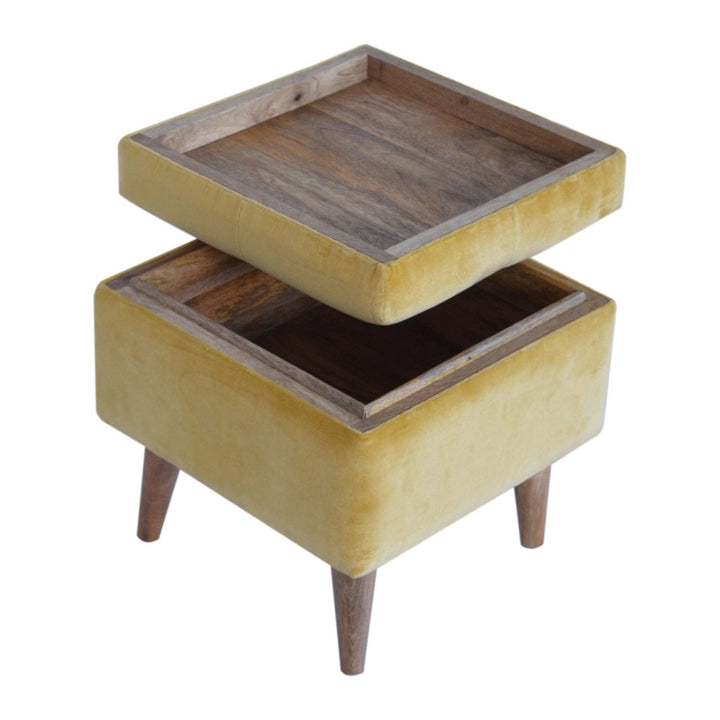 Velvet Storage Footstool - Solid Mango Wood Accent Stool for Living Room - product view 6 showing handcrafted solid mango...