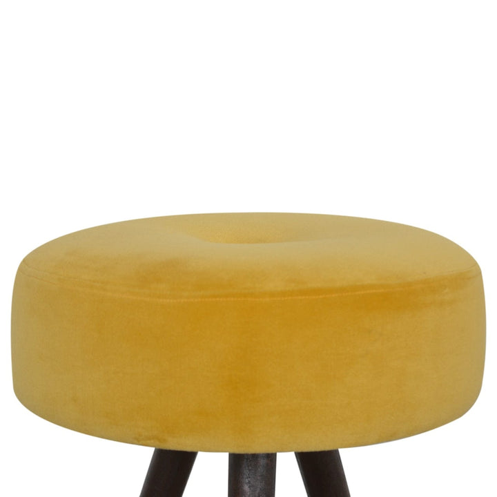 Velvet Tripod Footstool - Solid Mango Wood Accent Stool for Living Room - product view 5 showing handcrafted solid mango...