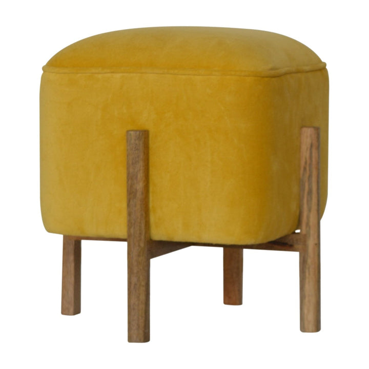 Velvet Solid Footstool - Solid Mango Wood Accent Stool for Living Room - product view 2 showing handcrafted solid mango...