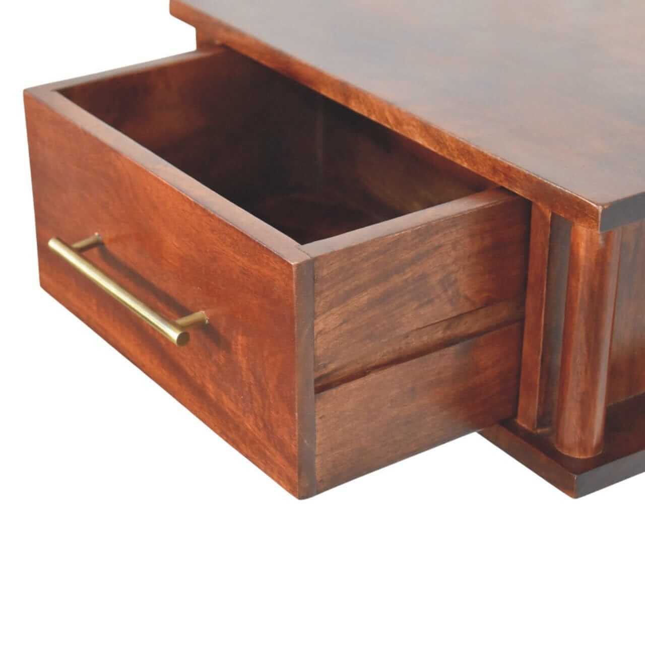 Wine Wood Oak Wall-Mounted Bedside Table with Brass Handle - product view 6 showing handcrafted solid wood nightstand