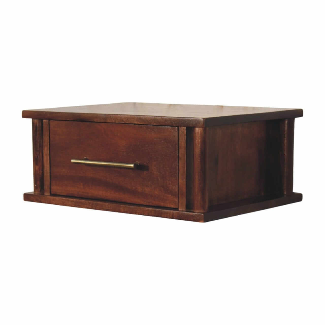 Wine Wood Oak Wall-Mounted Bedside Table with Brass Handle - product view 2 showing handcrafted solid wood nightstand