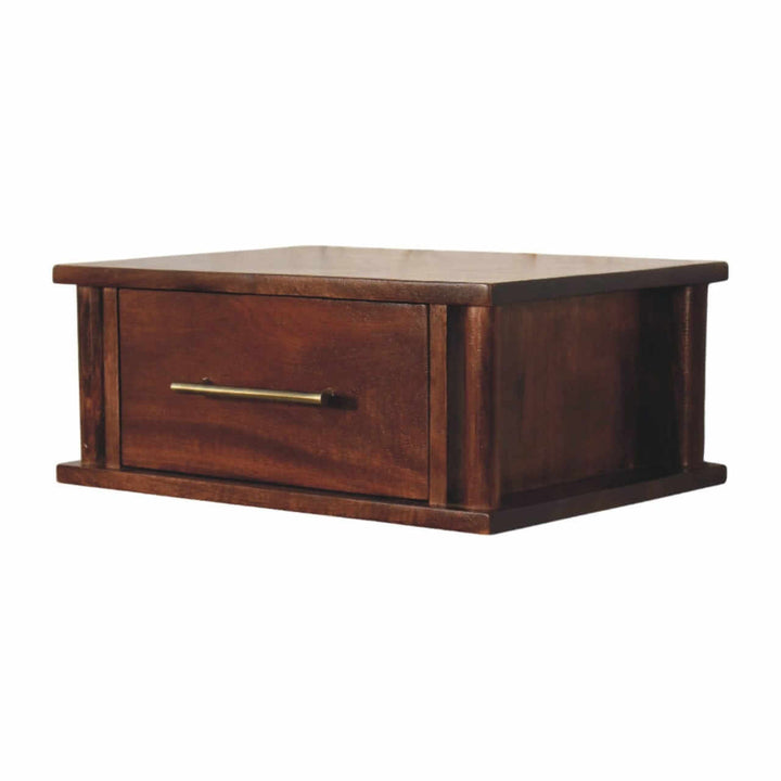 Wine Wood Oak Wall-Mounted Bedside Table with Brass Handle - product view 2 showing handcrafted solid wood nightstand