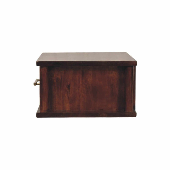 Wine Wood Oak Wall-Mounted Bedside Table with Brass Handle - product view 7 showing handcrafted solid wood nightstand