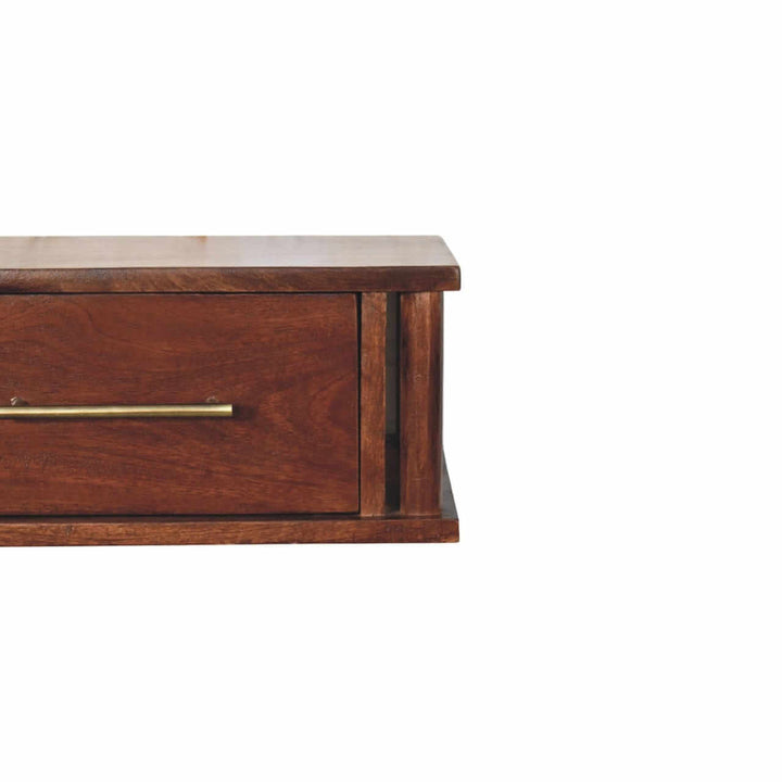 Wine Wood Oak Wall-Mounted Bedside Table with Brass Handle - product view 3 showing handcrafted solid wood nightstand