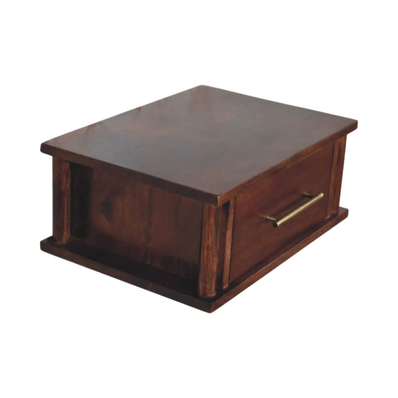 Wine Wood Oak Wall-Mounted Bedside Table with Brass Handle - product view 4 showing handcrafted solid wood nightstand