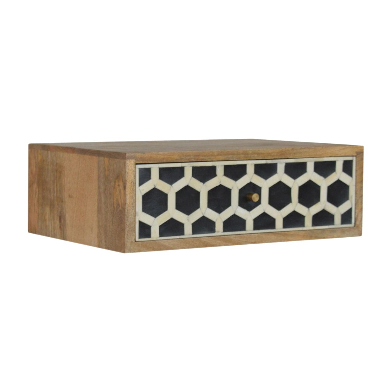 Wall Mounted Bone Inlay Nightstand - Solid Mango Wood Bedside Table for Bedroom - product view 2 showing handcrafted...
