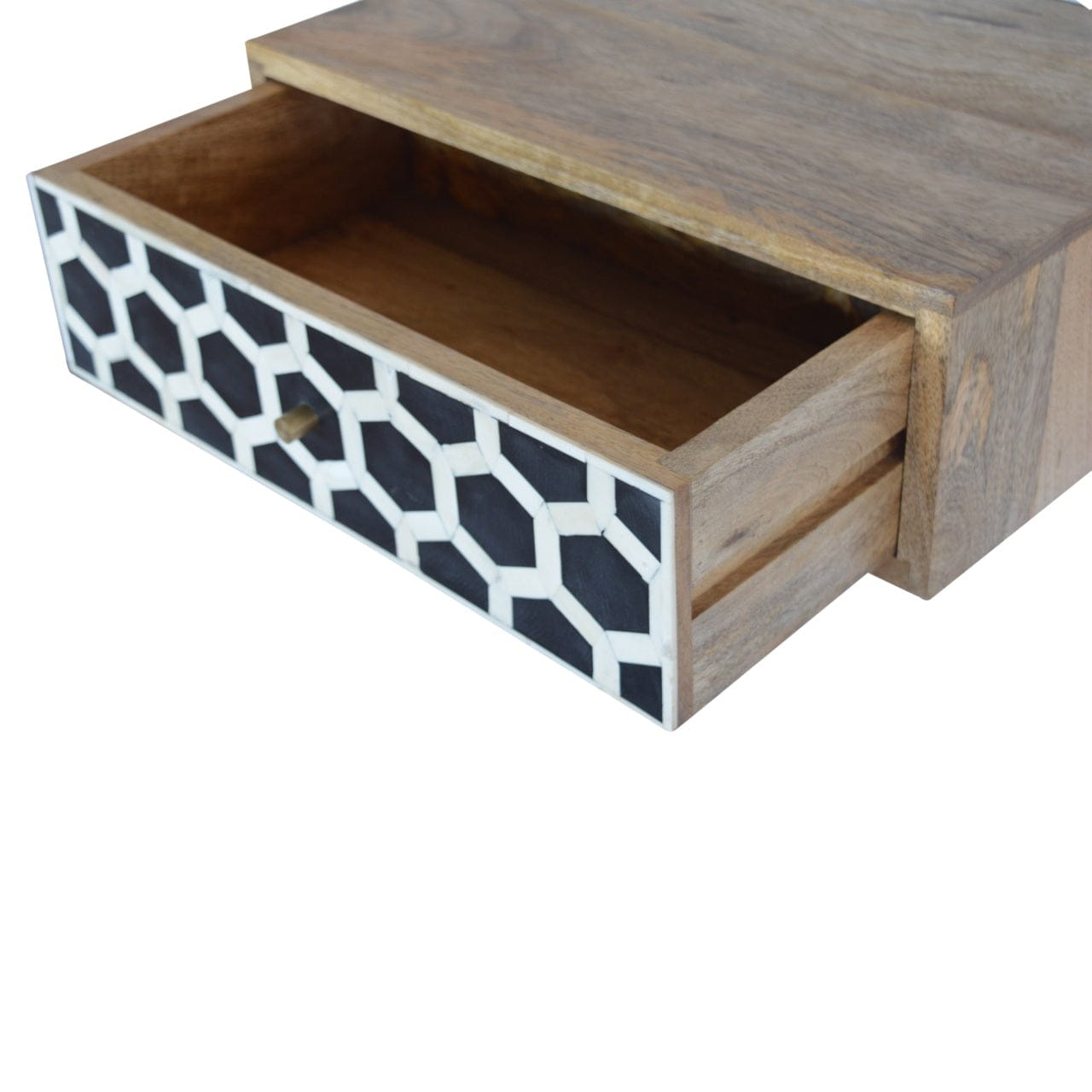 Wall Mounted Bone Inlay Nightstand - Solid Mango Wood Bedside Table for Bedroom - product view 4 showing handcrafted...