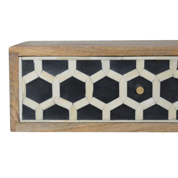 Wall Mounted Bone Inlay Nightstand - Solid Mango Wood Bedside Table for Bedroom - product view 5 showing handcrafted...