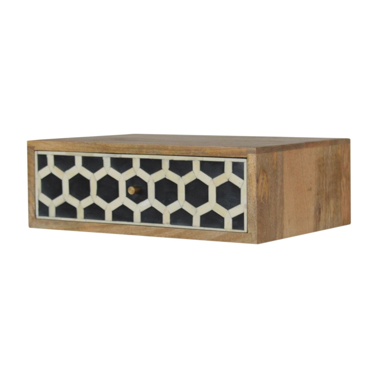 Wall Mounted Bone Inlay Nightstand - Solid Mango Wood Bedside Table for Bedroom - main view showing handcrafted solid...