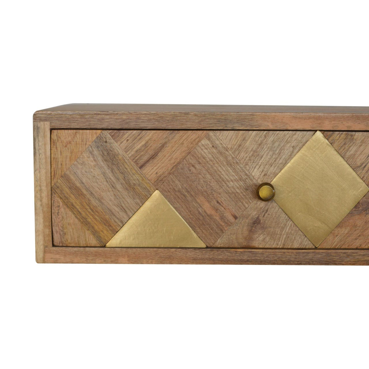 Wall Mounted Brass Inlay Nightstand - Solid Mango Wood Bedside Table for Bedroom - product view 3 showing handcrafted...