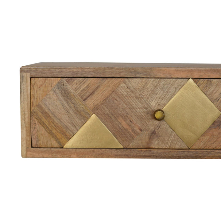 Wall Mounted Brass Inlay Nightstand - Solid Mango Wood Bedside Table for Bedroom - product view 3 showing handcrafted...