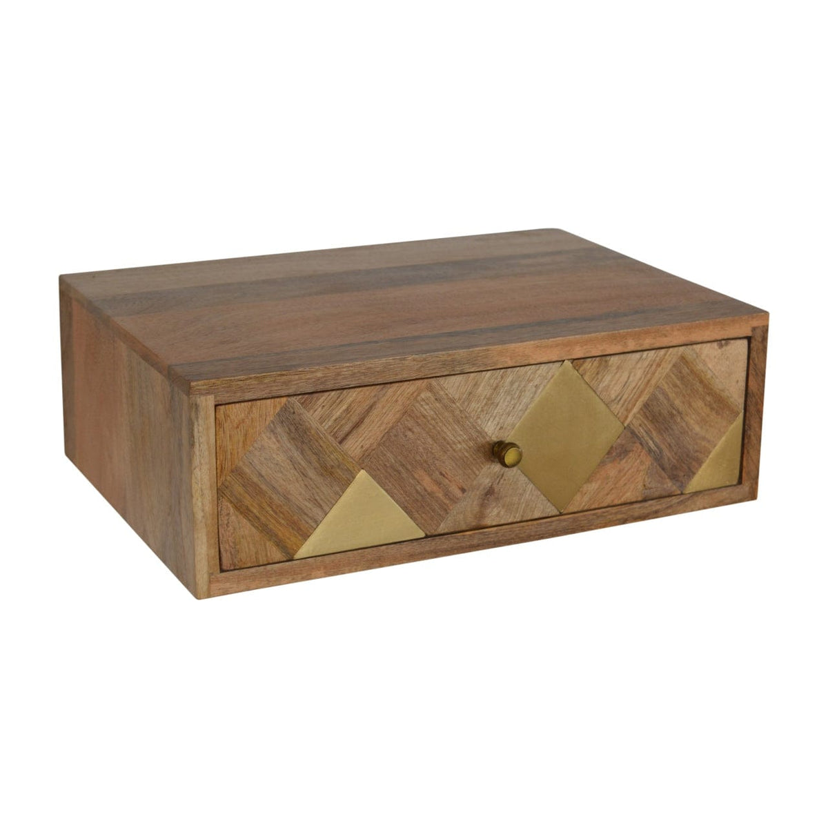 Wall Mounted Brass Inlay Nightstand - Solid Mango Wood Bedside Table for Bedroom - product view 4 showing handcrafted...