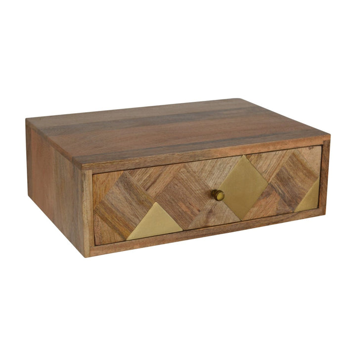 Wall Mounted Brass Inlay Nightstand - Solid Mango Wood Bedside Table for Bedroom - product view 4 showing handcrafted...