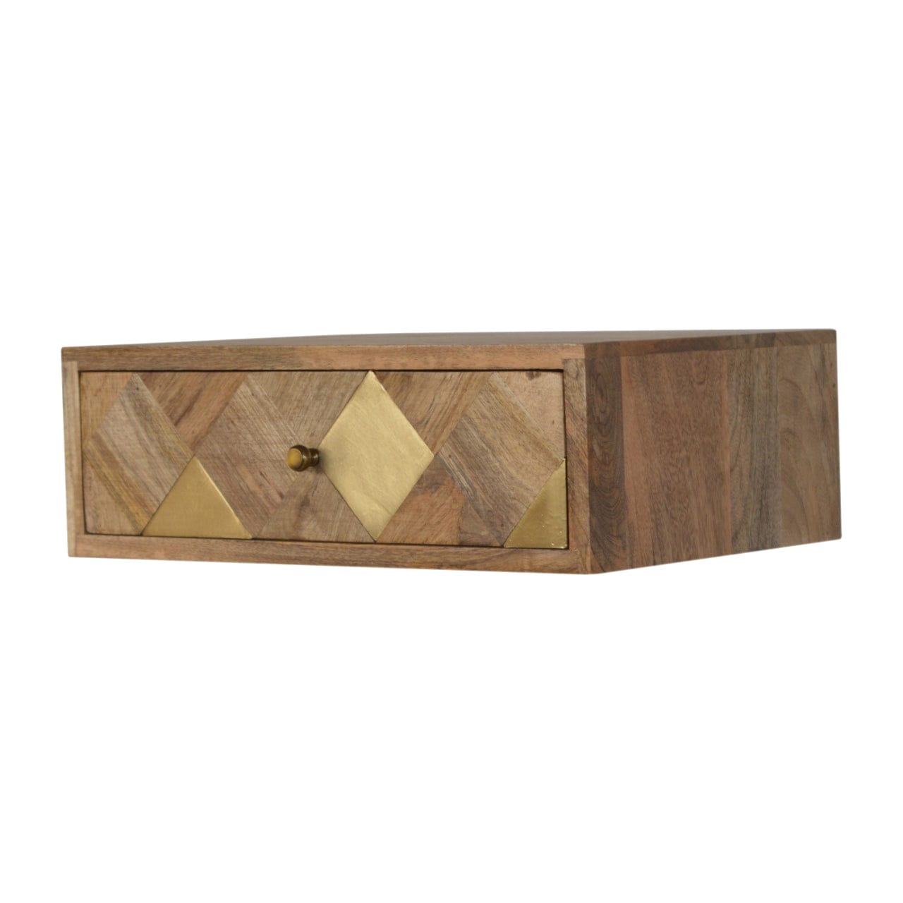 Wall Mounted Brass Inlay Nightstand - Solid Mango Wood Bedside Table for Bedroom - product view 2 showing handcrafted...