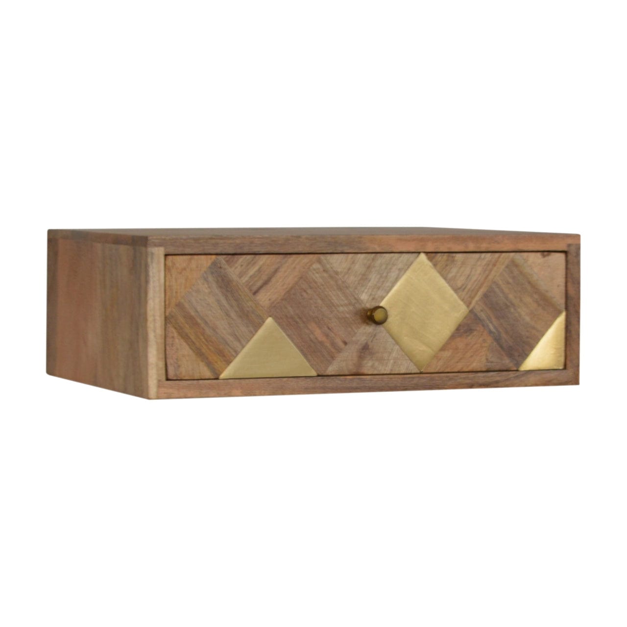 Wall Mounted Brass Inlay Nightstand - Solid Mango Wood Bedside Table for Bedroom - main view showing handcrafted solid...