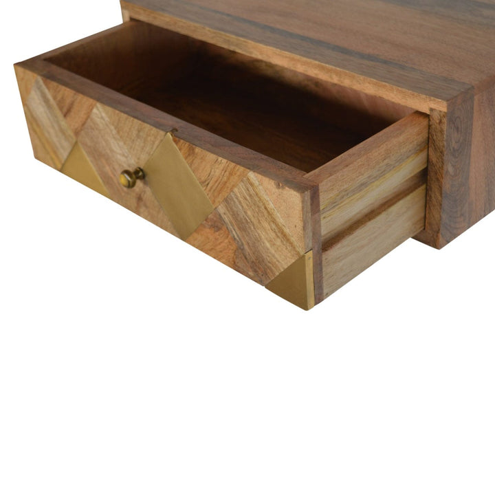 Wall Mounted Brass Inlay Nightstand - Solid Mango Wood Bedside Table for Bedroom - product view 5 showing handcrafted...