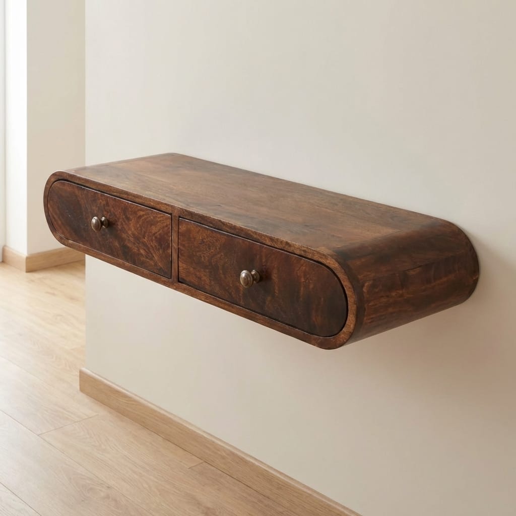 Wall Mounted California Walnut Console Table - Solid Mango Wood Hallway Console for Entryway - main view showing...