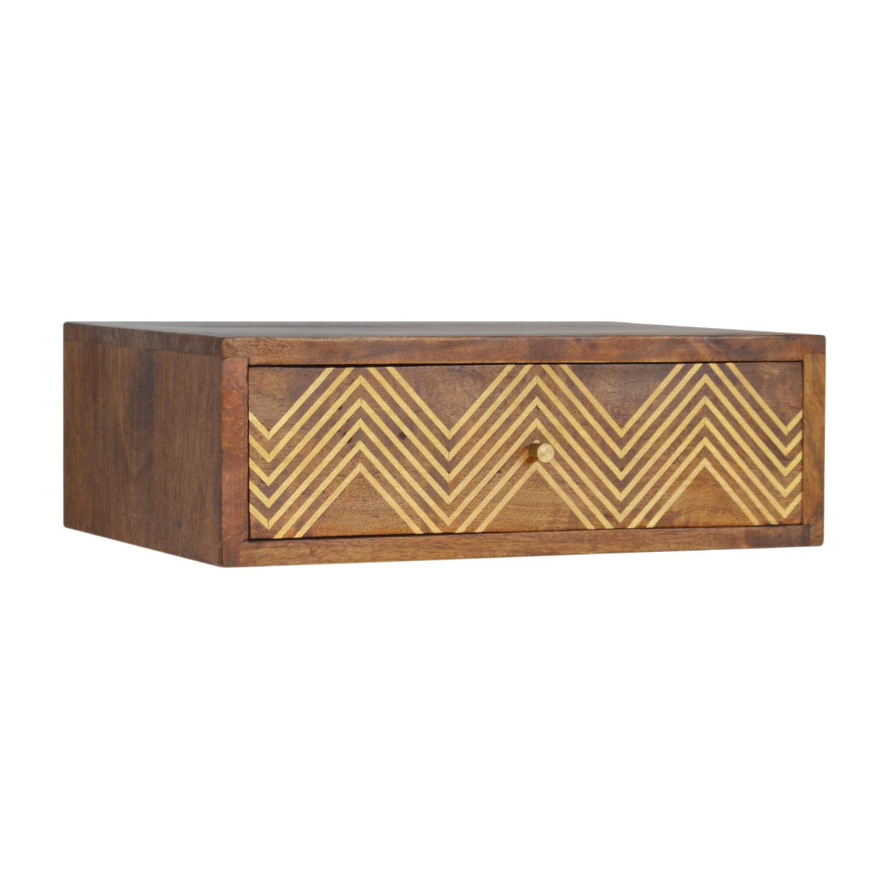 Wall Mounted Chevron Nightstand - Solid Mango Wood Bedside Table for Bedroom - product view 2 showing handcrafted solid...