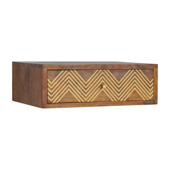 Wall Mounted Chevron Nightstand - Solid Mango Wood Bedside Table for Bedroom - product view 2 showing handcrafted solid...