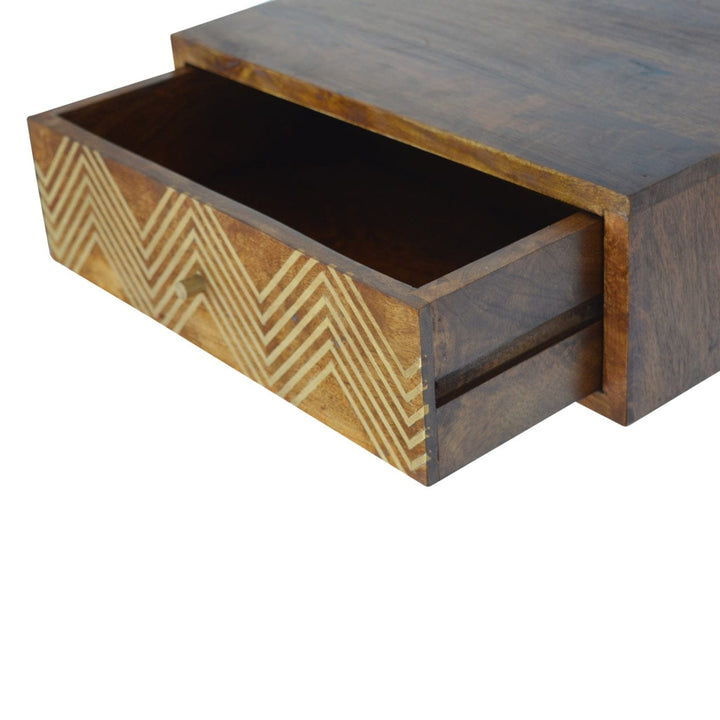 Wall Mounted Chevron Nightstand - Solid Mango Wood Bedside Table for Bedroom - product view 5 showing handcrafted solid...
