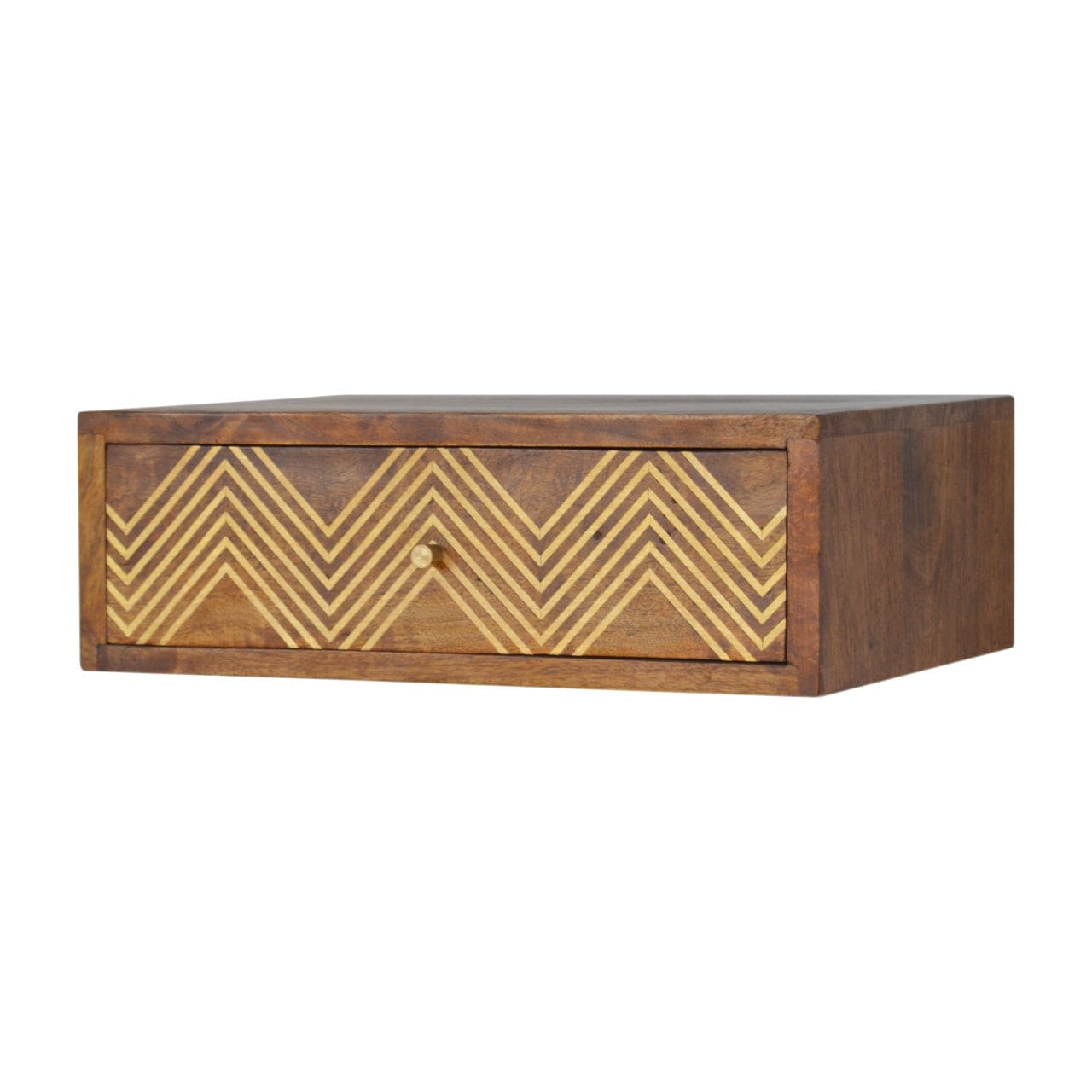 Wall Mounted Chevron Nightstand - Solid Mango Wood Bedside Table for Bedroom - main view showing handcrafted solid mango...