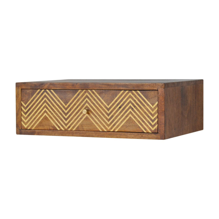 Wall Mounted Chevron Nightstand - Solid Mango Wood Bedside Table for Bedroom - main view showing handcrafted solid mango...
