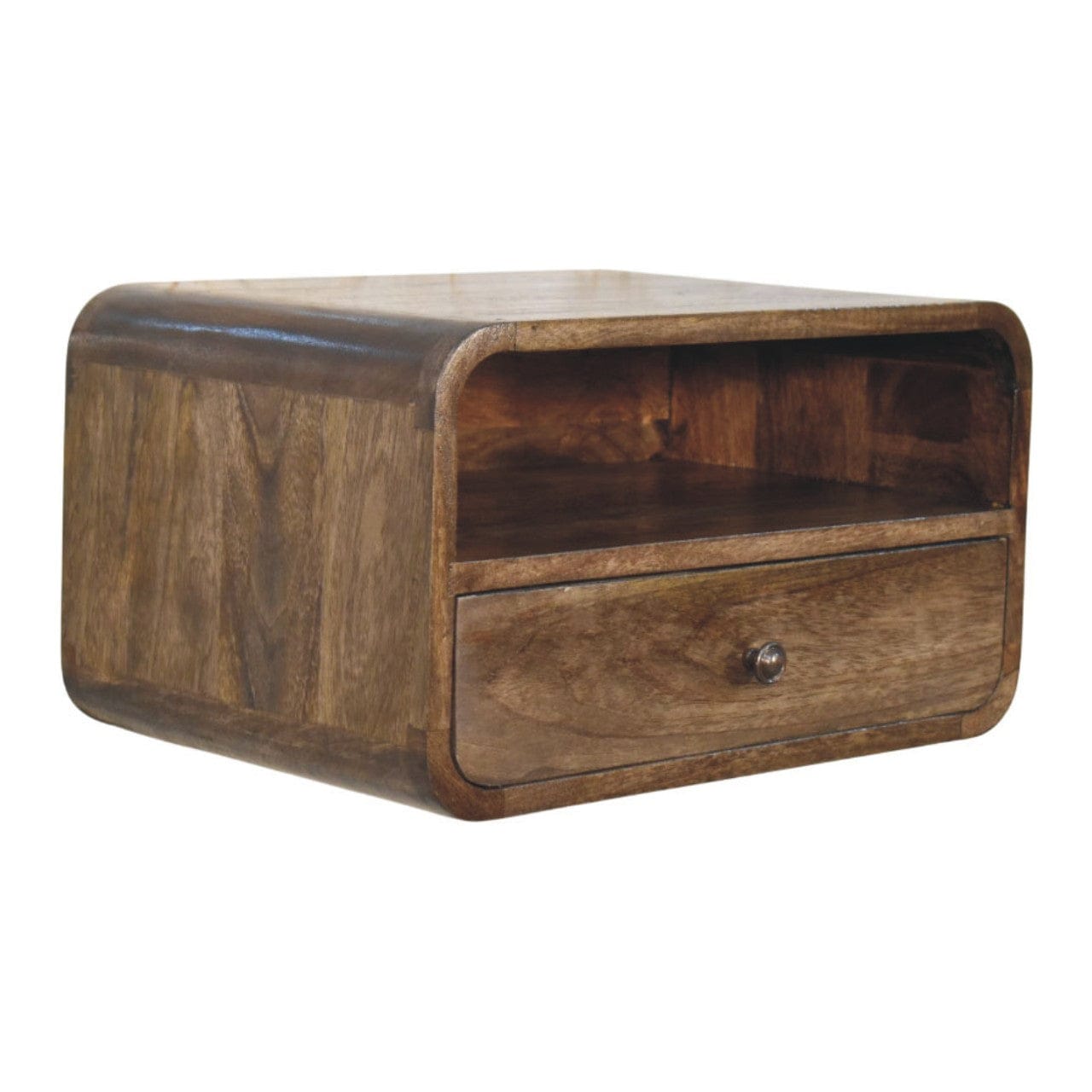Wall-Mounted Open Slot Bedside Table – Solid Mango Wood Floating Nightstand with drawer and open shelf.