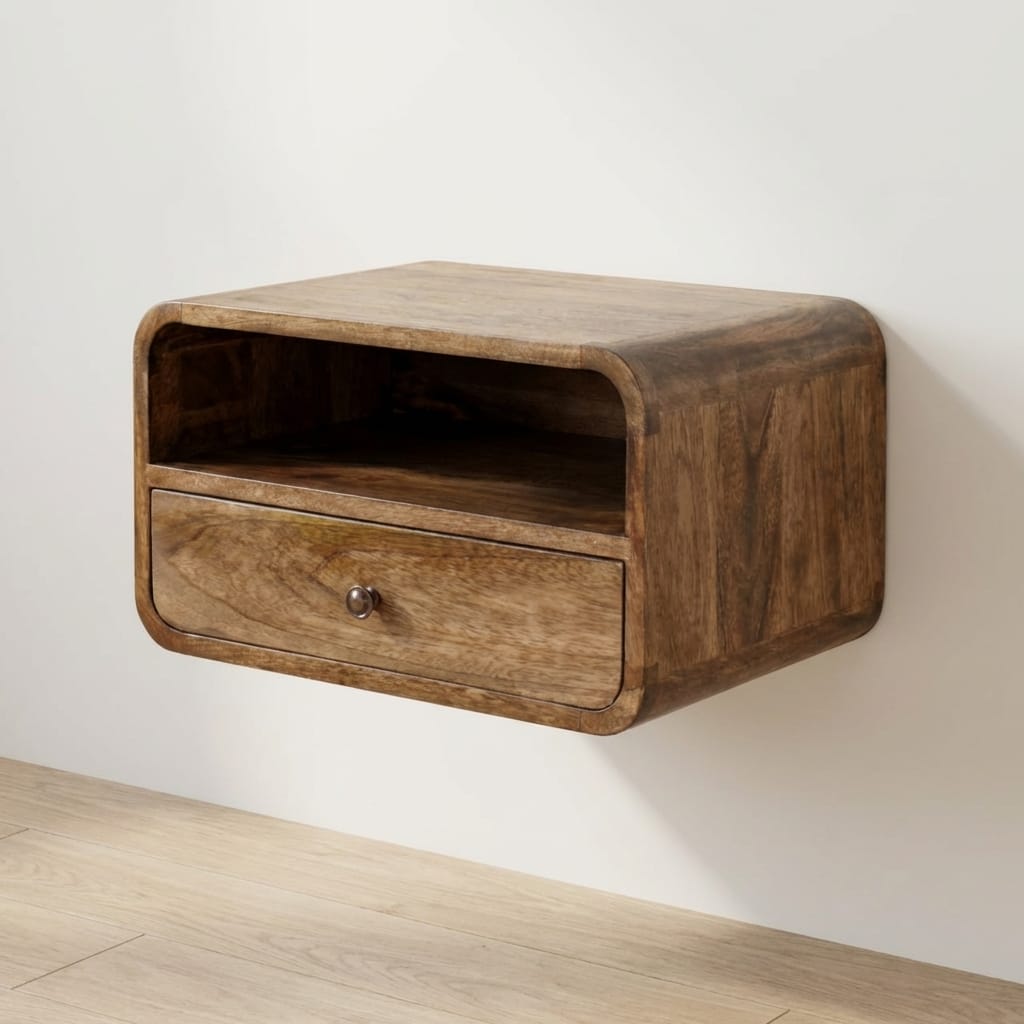 Wall-Mounted Open Slot Bedside Table – Solid Mango Wood Floating Nightstand