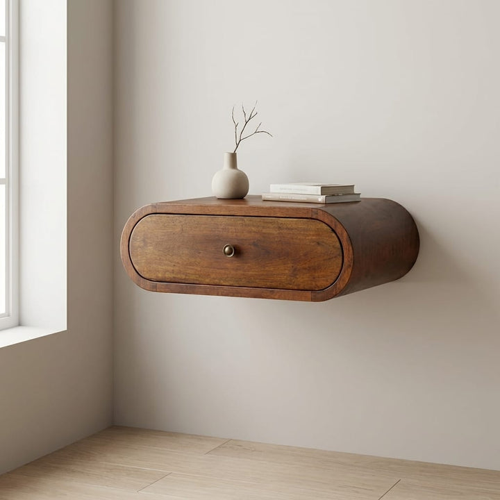 Wall Mounted Round Chestnut Nightstand - Solid Mango Wood Bedside Table for Bedroom - main view showing handcrafted solid...