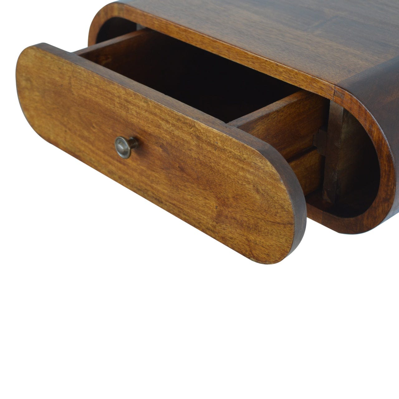 Wall Mounted Round Chestnut Nightstand - Solid Mango Wood Bedside Table for Bedroom - product view 7 showing handcrafted...