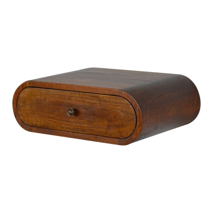 Wall Mounted Round Chestnut Nightstand - Solid Mango Wood Bedside Table for Bedroom - product view 6 showing handcrafted...