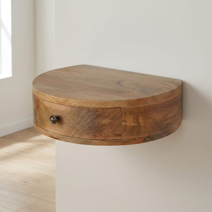 Wall Mounted Rounded Nightstand - Solid Mango Wood Bedside Table for Bedroom - main view showing handcrafted solid mango...