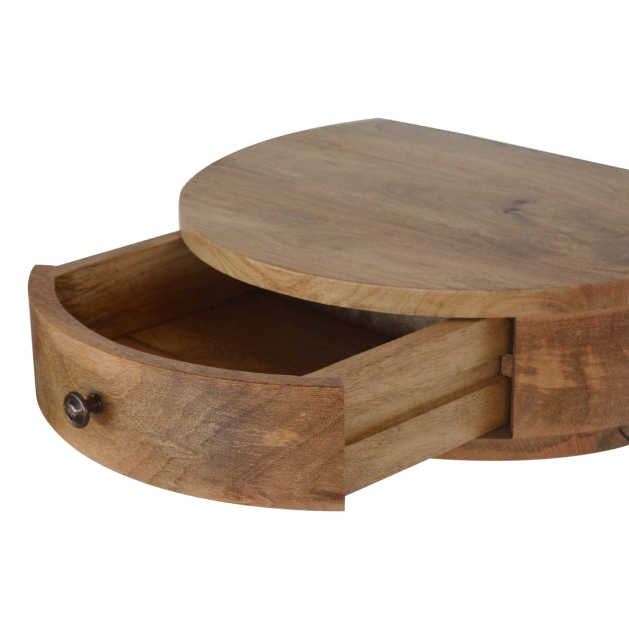 Wall Mounted Rounded Nightstand - Solid Mango Wood Bedside Table for Bedroom - product view 6 showing handcrafted solid...