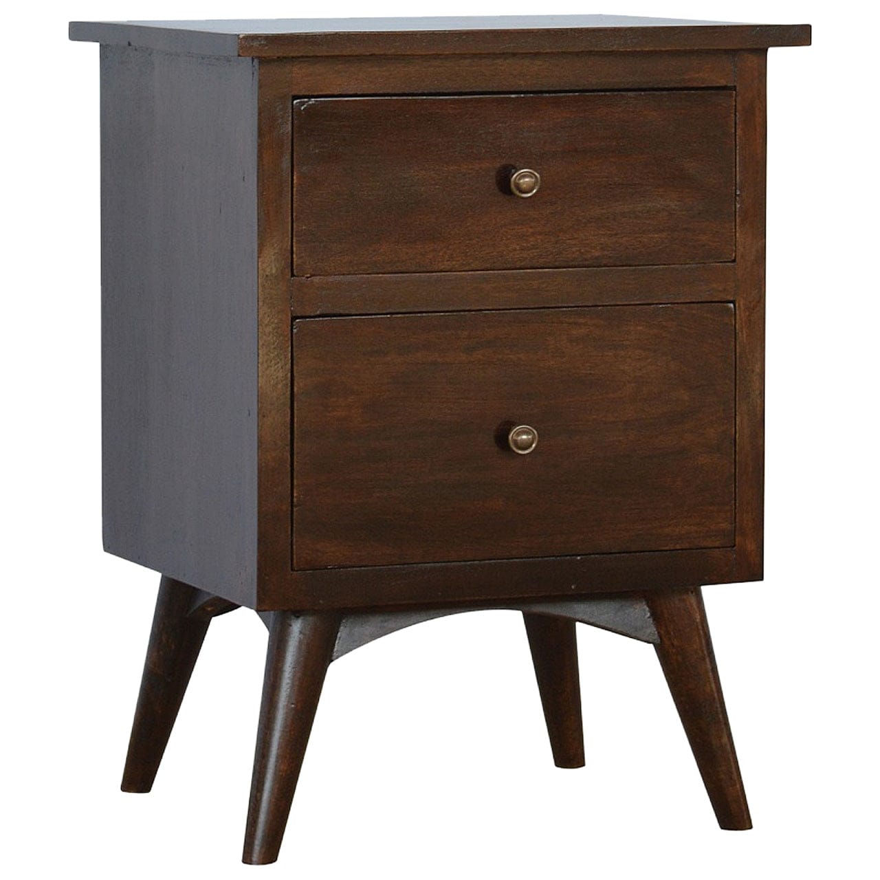 Walnut 2 Drawer Nordic Nightstand - Solid Mango Wood Bedside Table for Bedroom - product view 2 showing handcrafted solid...