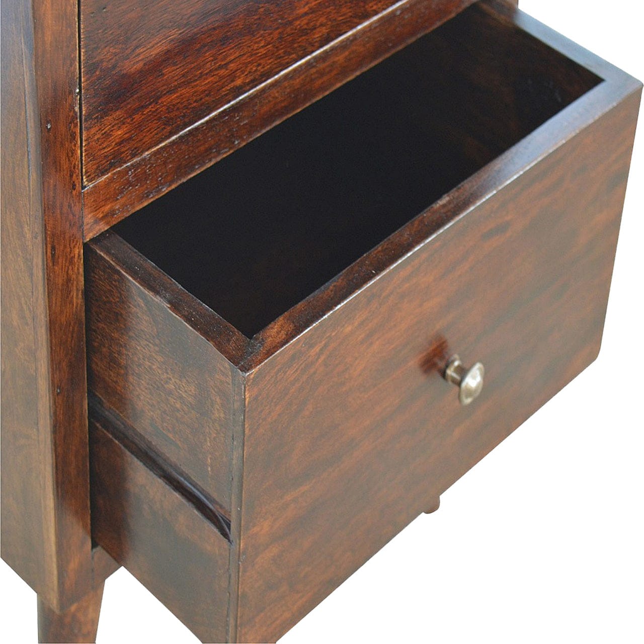 Walnut 2 Drawer Nordic Nightstand - Solid Mango Wood Bedside Table for Bedroom - product view 6 showing handcrafted solid...