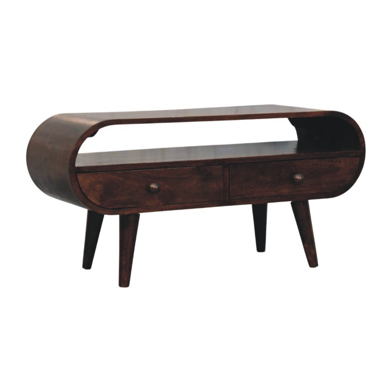 Walnut Curved Media Unit in Solid Mango Wood - main view showing handcrafted solid mango wood tv stand
