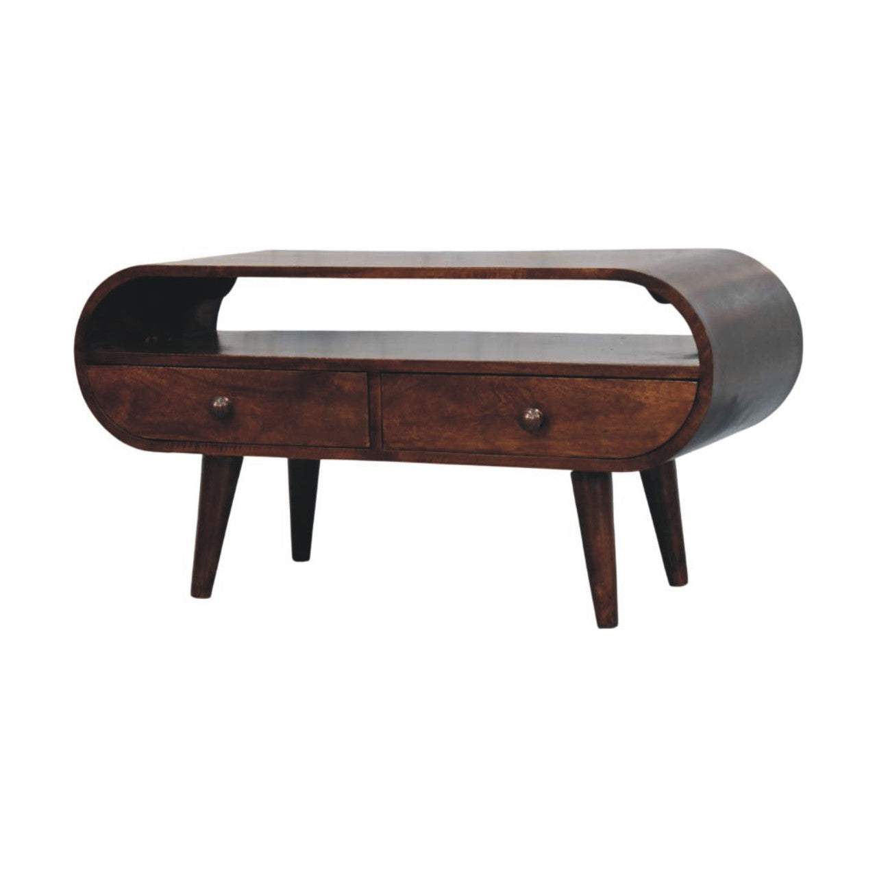 Walnut Curved Media Unit in Solid Mango Wood - product view 2 showing handcrafted solid mango wood tv stand