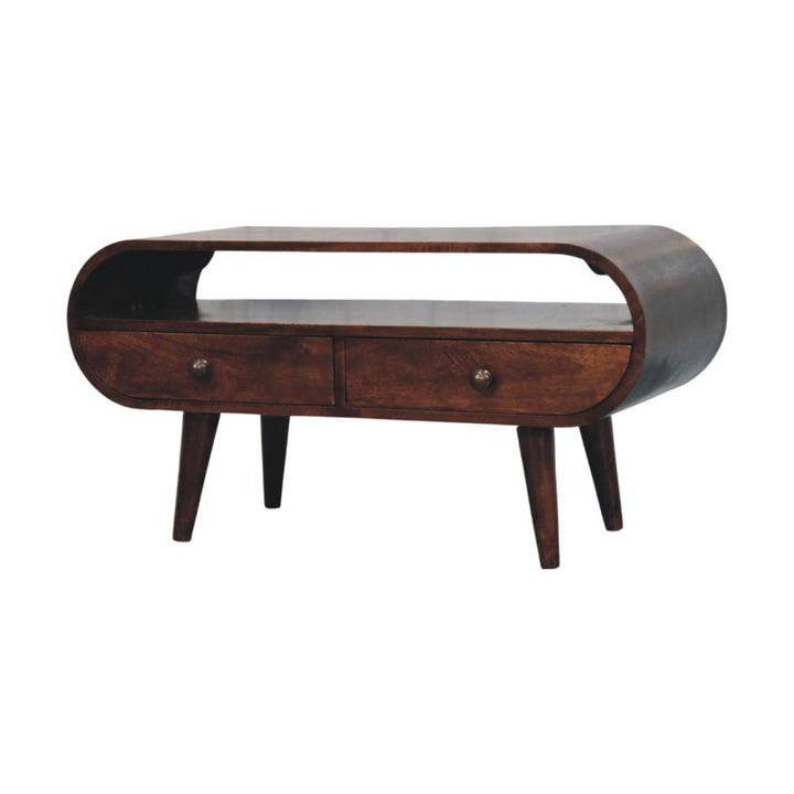 Walnut Curved Media Unit in Solid Mango Wood - product view 2 showing handcrafted solid mango wood tv stand