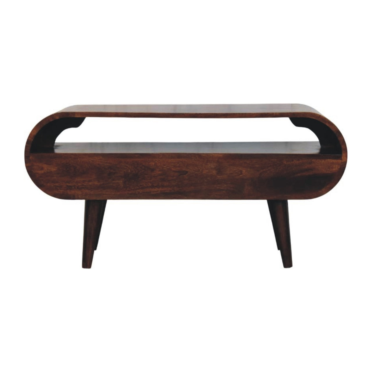 Walnut Curved Media Unit in Solid Mango Wood - product view 8 showing handcrafted solid mango wood tv stand