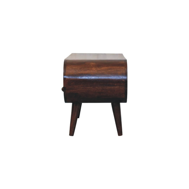 Walnut Curved Media Unit in Solid Mango Wood - product view 7 showing handcrafted solid mango wood tv stand
