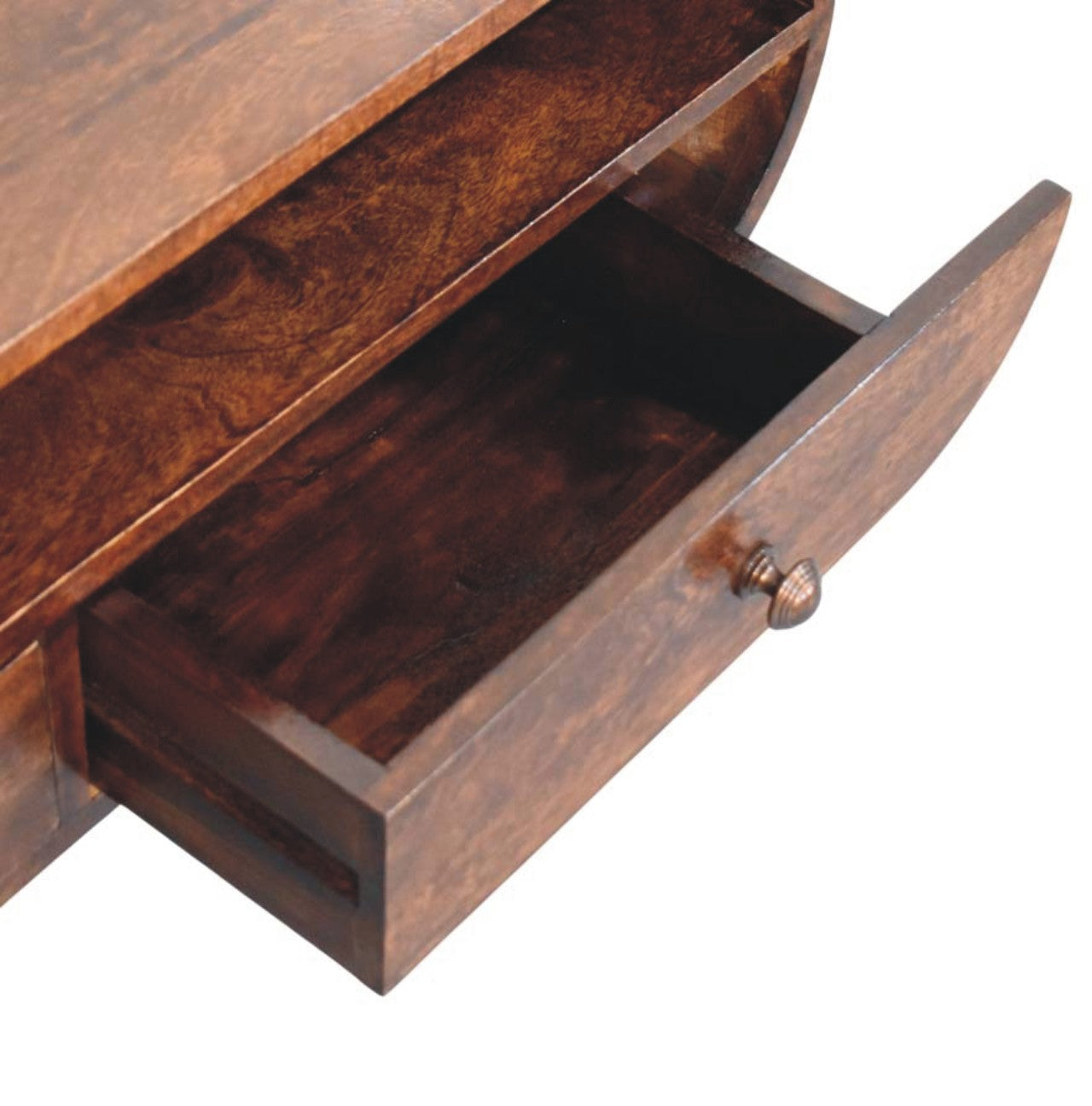 Walnut Curved Media Unit in Solid Mango Wood - product view 5 showing handcrafted solid mango wood tv stand