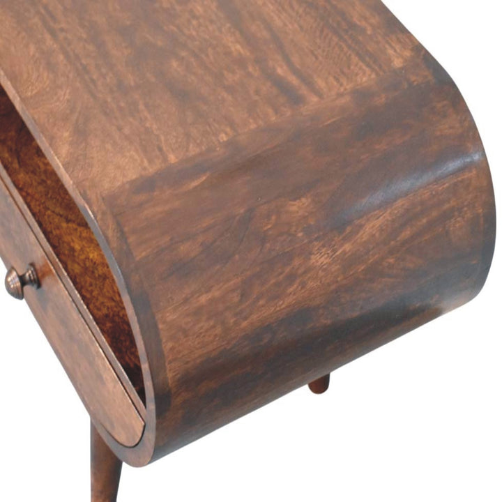 Walnut Curved Media Unit in Solid Mango Wood - product view 4 showing handcrafted solid mango wood tv stand