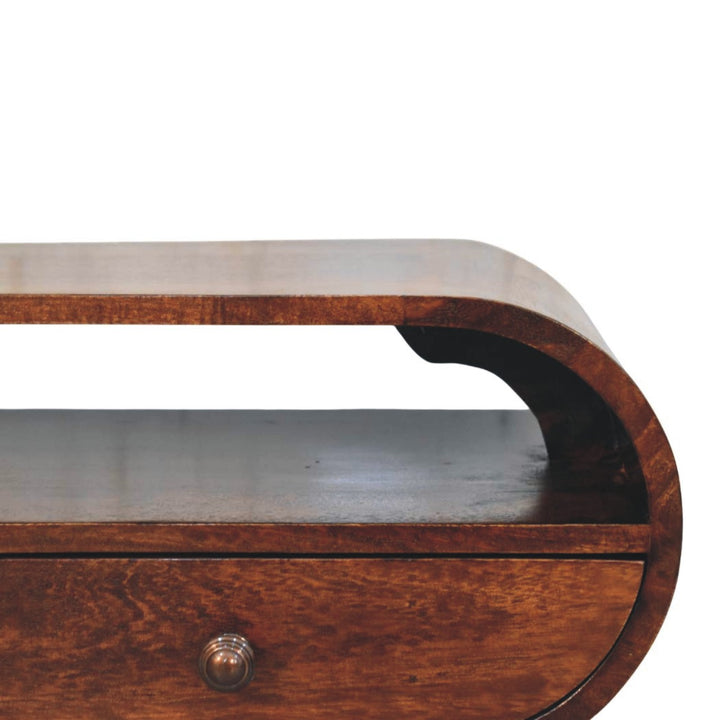 Walnut Curved Media Unit in Solid Mango Wood - product view 3 showing handcrafted solid mango wood tv stand