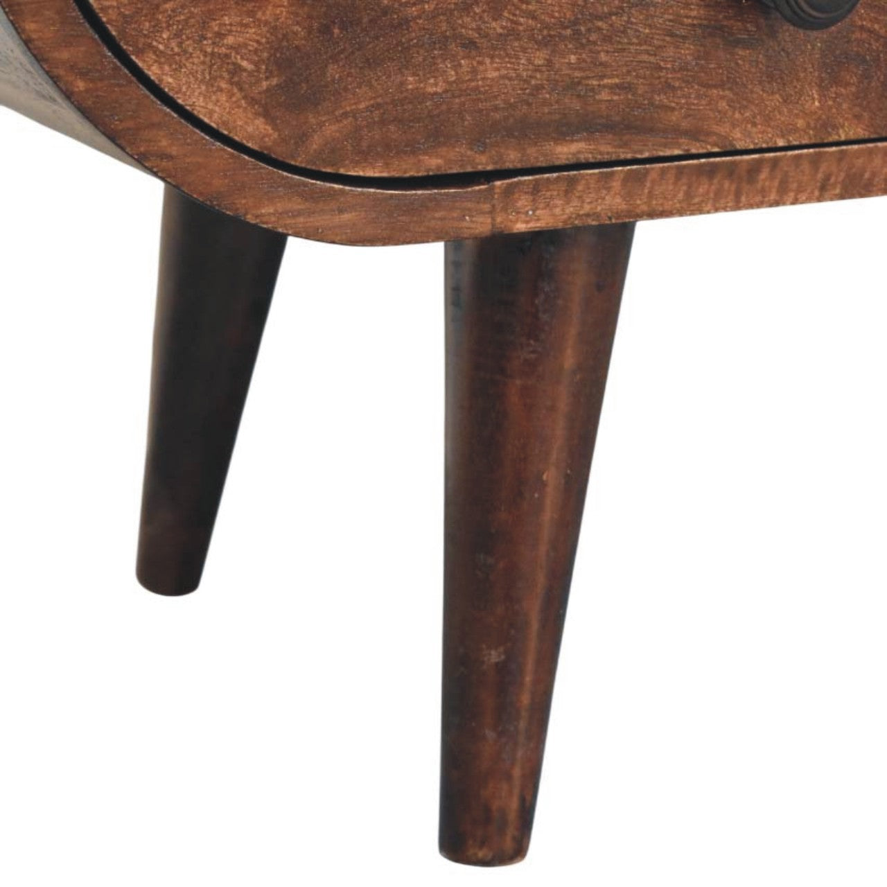 Walnut Curved Media Unit in Solid Mango Wood - product view 6 showing handcrafted solid mango wood tv stand