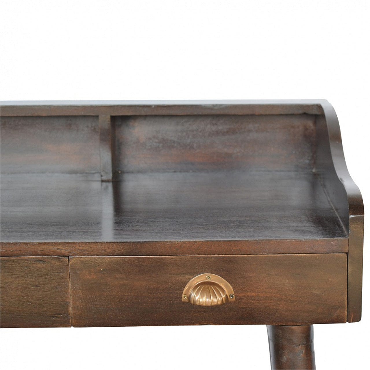 Walnut Gallery Shell Writing Desk - Solid Mango Wood Writing Table for Home Office - product view 3 showing handcrafted...