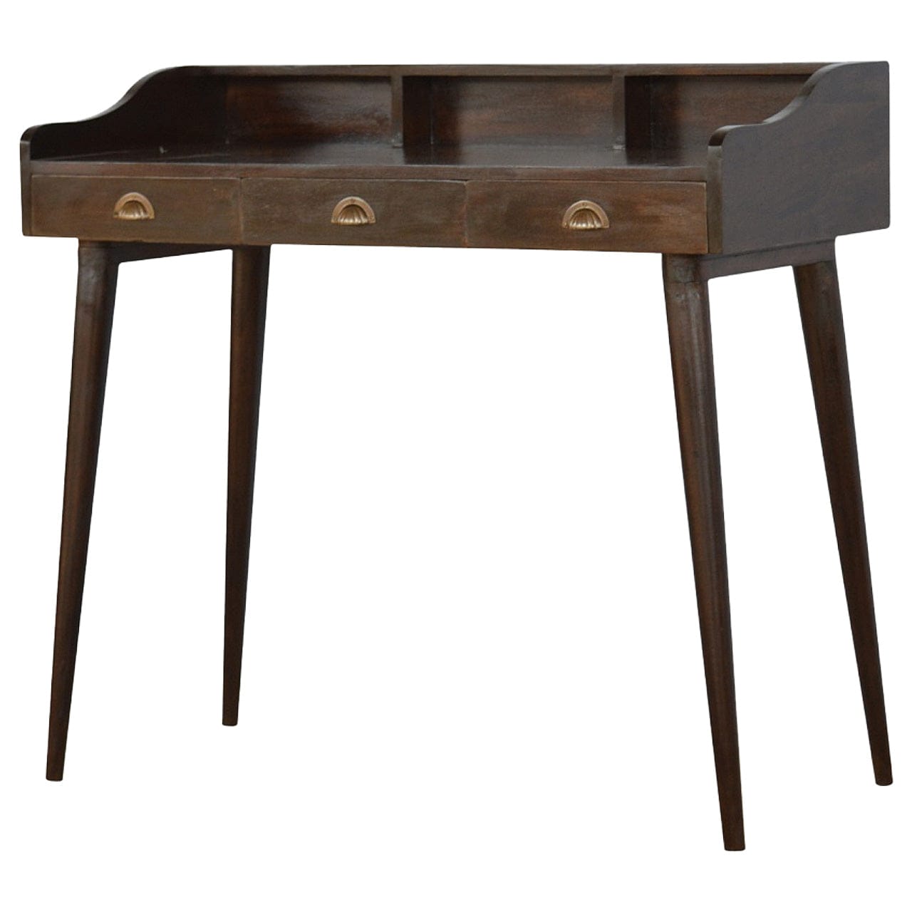 Walnut Gallery Shell Writing Desk - Solid Mango Wood Writing Table for Home Office - product view 2 showing handcrafted...